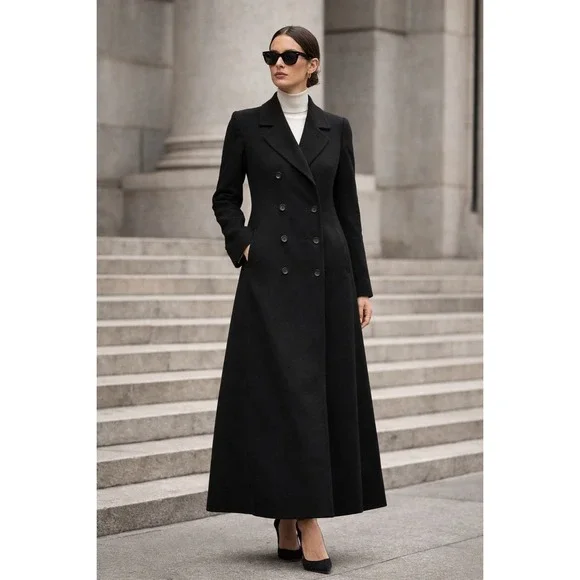S by Searle Wool Cashmere Black Ankle Length Double Breasted Overcoat Coat 6 NWT